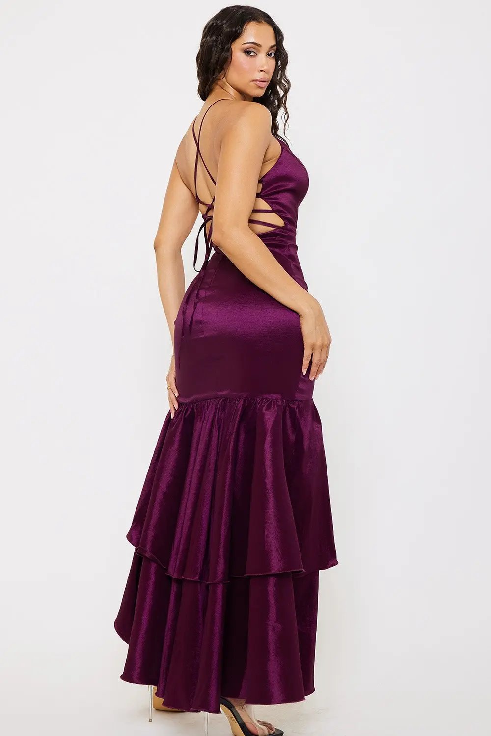 Taffeta Ruffle Maxi Dress – Layered Sweetheart Neckline & Spaghetti Strap BOUTINIE