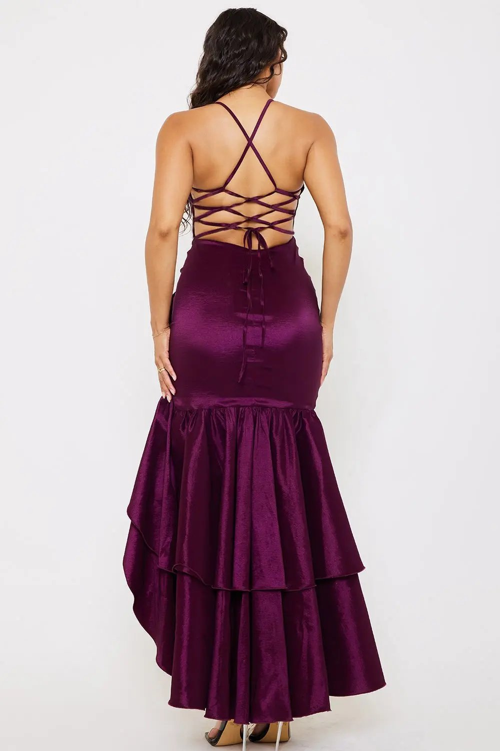 Taffeta Ruffle Maxi Dress – Layered Sweetheart Neckline & Spaghetti Strap BOUTINIE