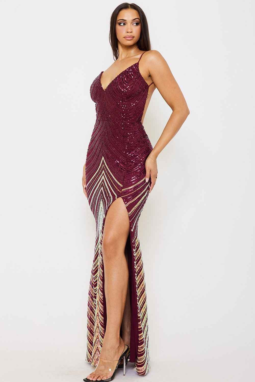[open Packs] Ombre Sequin  Chevron Pattern Maxi Dress