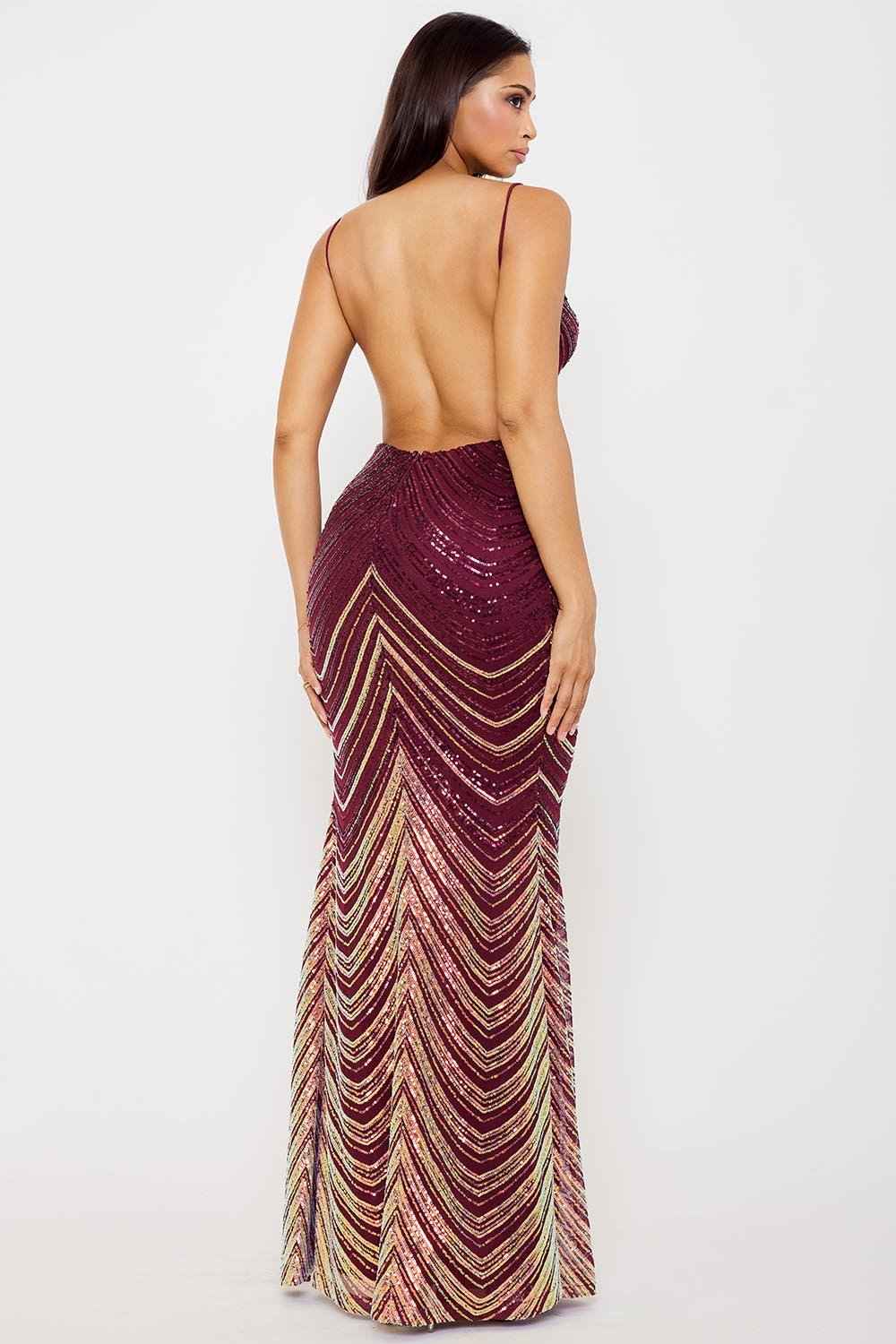 [open Packs] Ombre Sequin  Chevron Pattern Maxi Dress