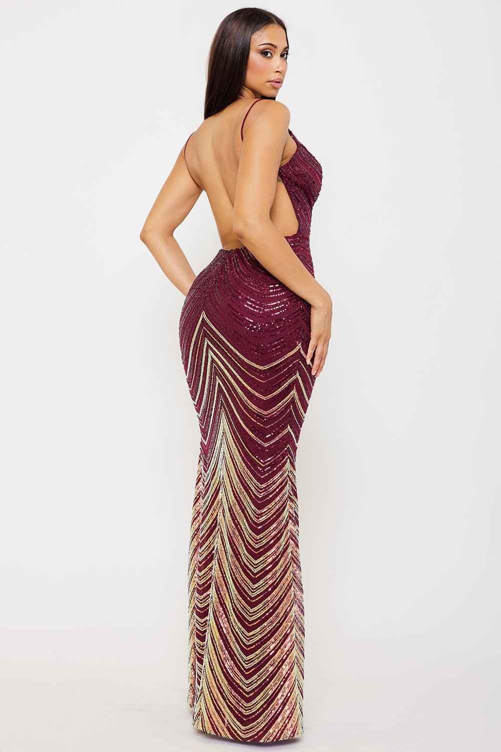 [open Packs] Ombre Sequin  Chevron Pattern Maxi Dress