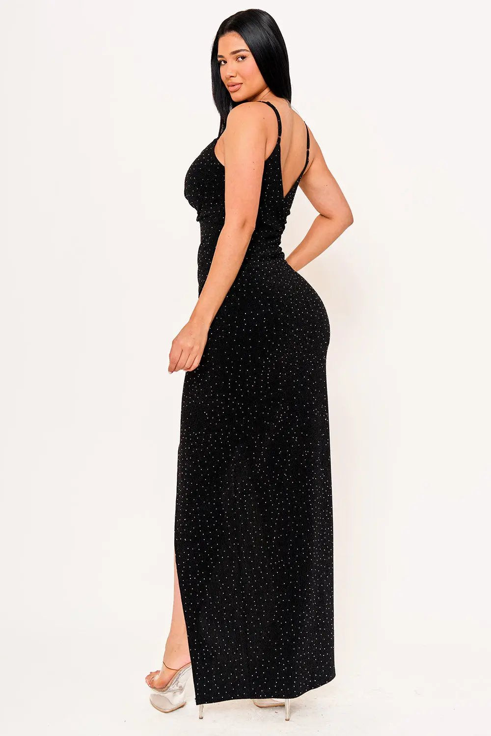 Metallic Maxi Dress – Pleated Rhinestone Wrap Skirt With Slit BOUTINIE