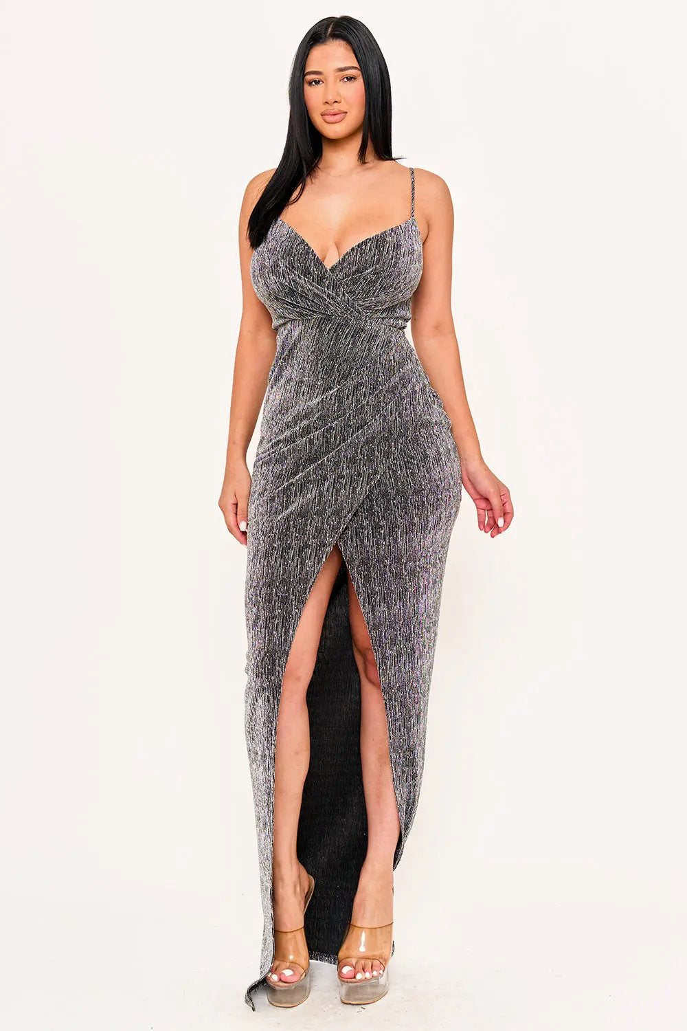 Metallic Maxi Dress – Pleated Rhinestone Wrap Skirt With Slit BOUTINIE