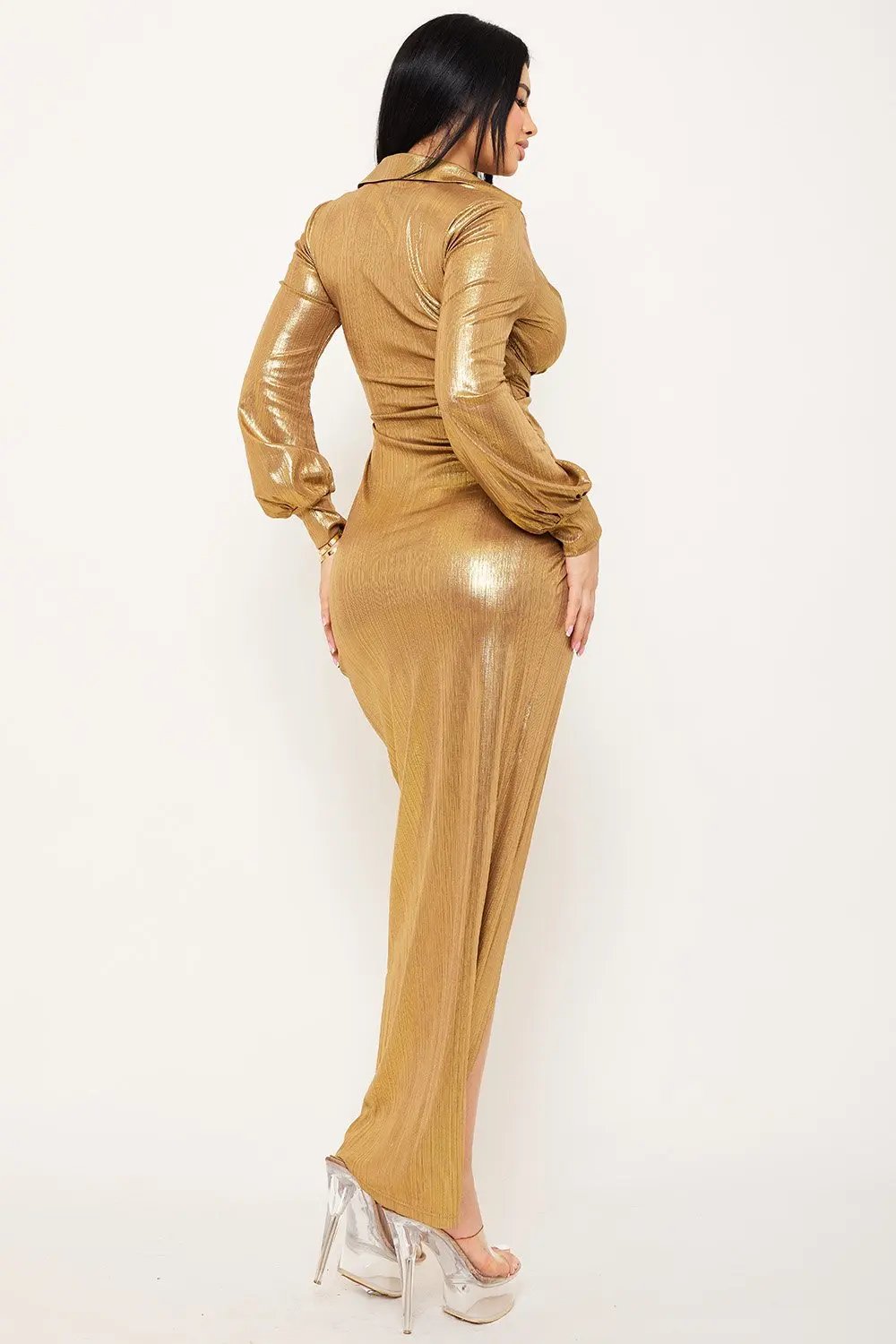 Pleated Waist Maxi Dress – Wrap Front Side Zipper Detail BOUTINIE