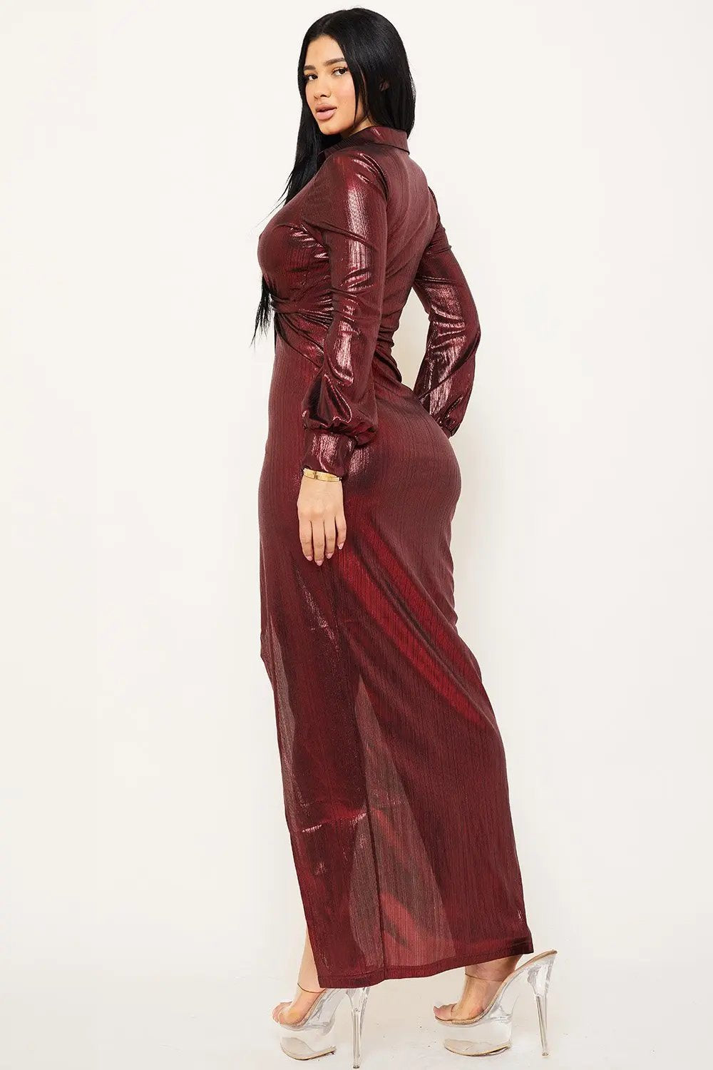 Pleated Waist Maxi Dress – Wrap Front Side Zipper Detail BOUTINIE