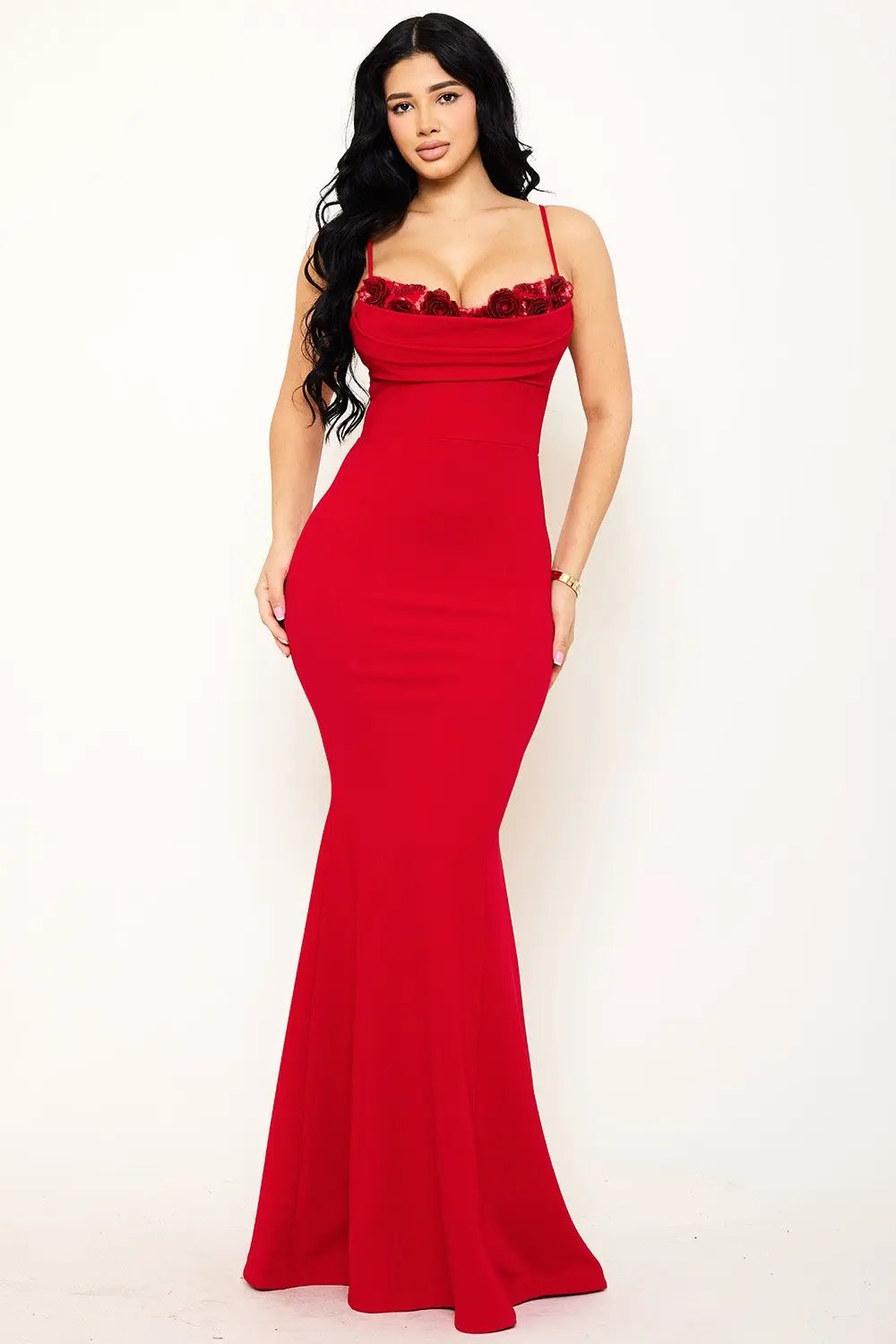 Mermaid Maxi Dress - Flower Embellished Pleated Gown With Adjustable Straps BOUTINIE