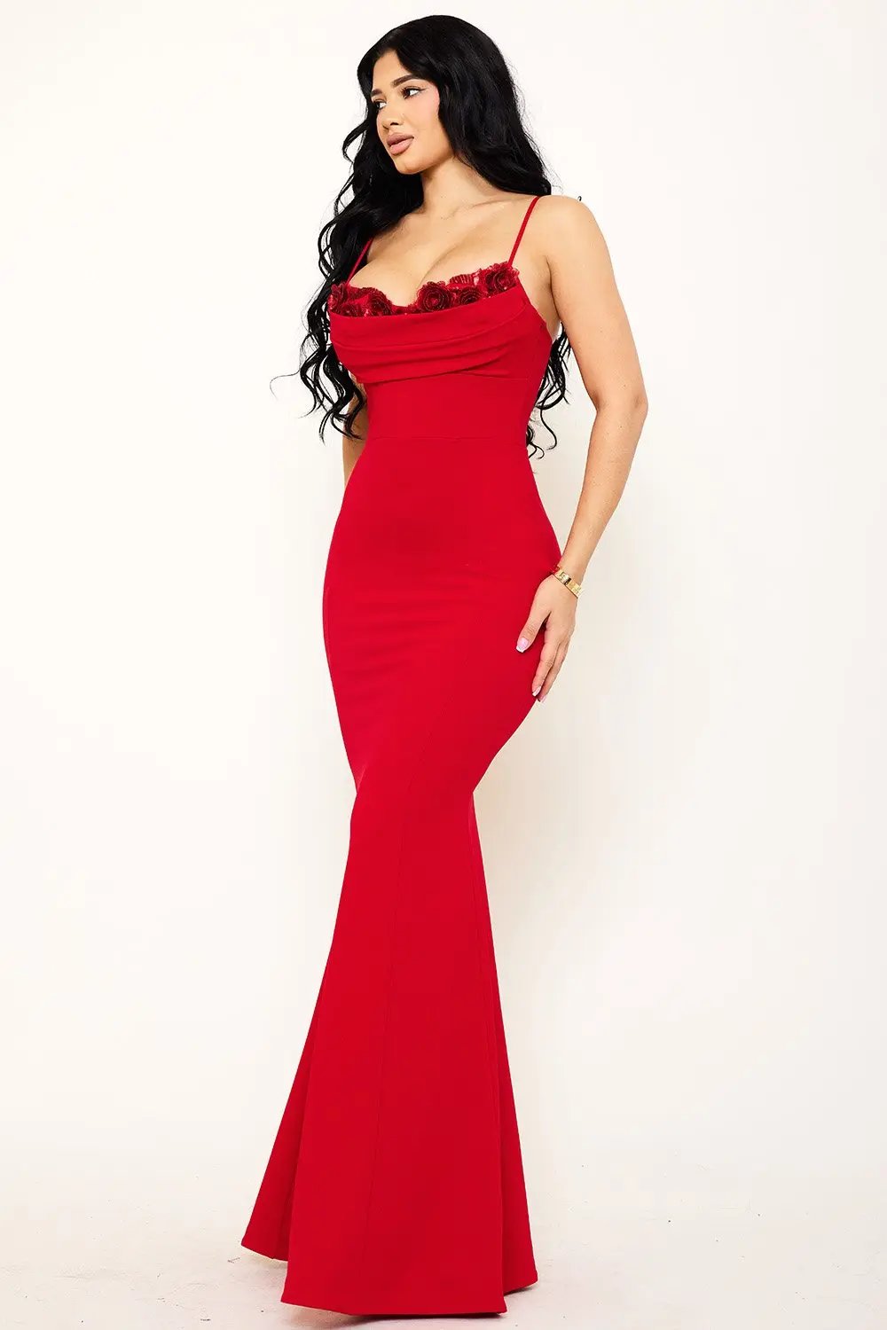 Mermaid Maxi Dress - Flower Embellished Pleated Gown With Adjustable Straps BOUTINIE