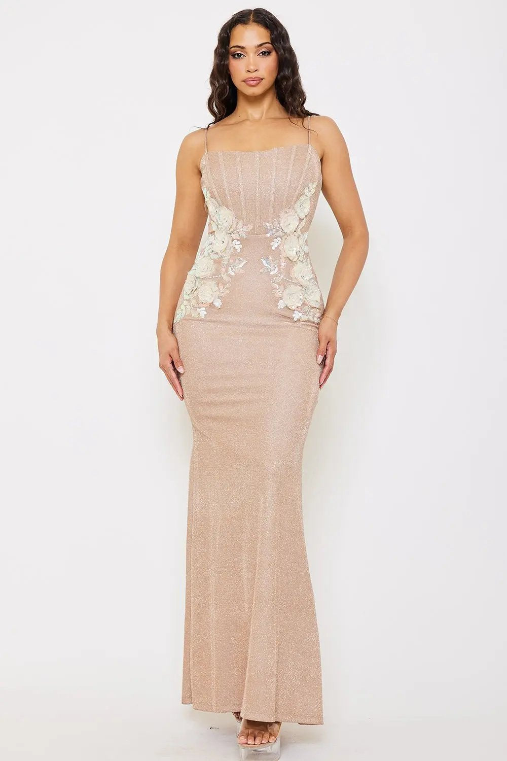 Flower Embellished Maxi Dress - Shiny Lace Back Evening Gown BOUTINIE
