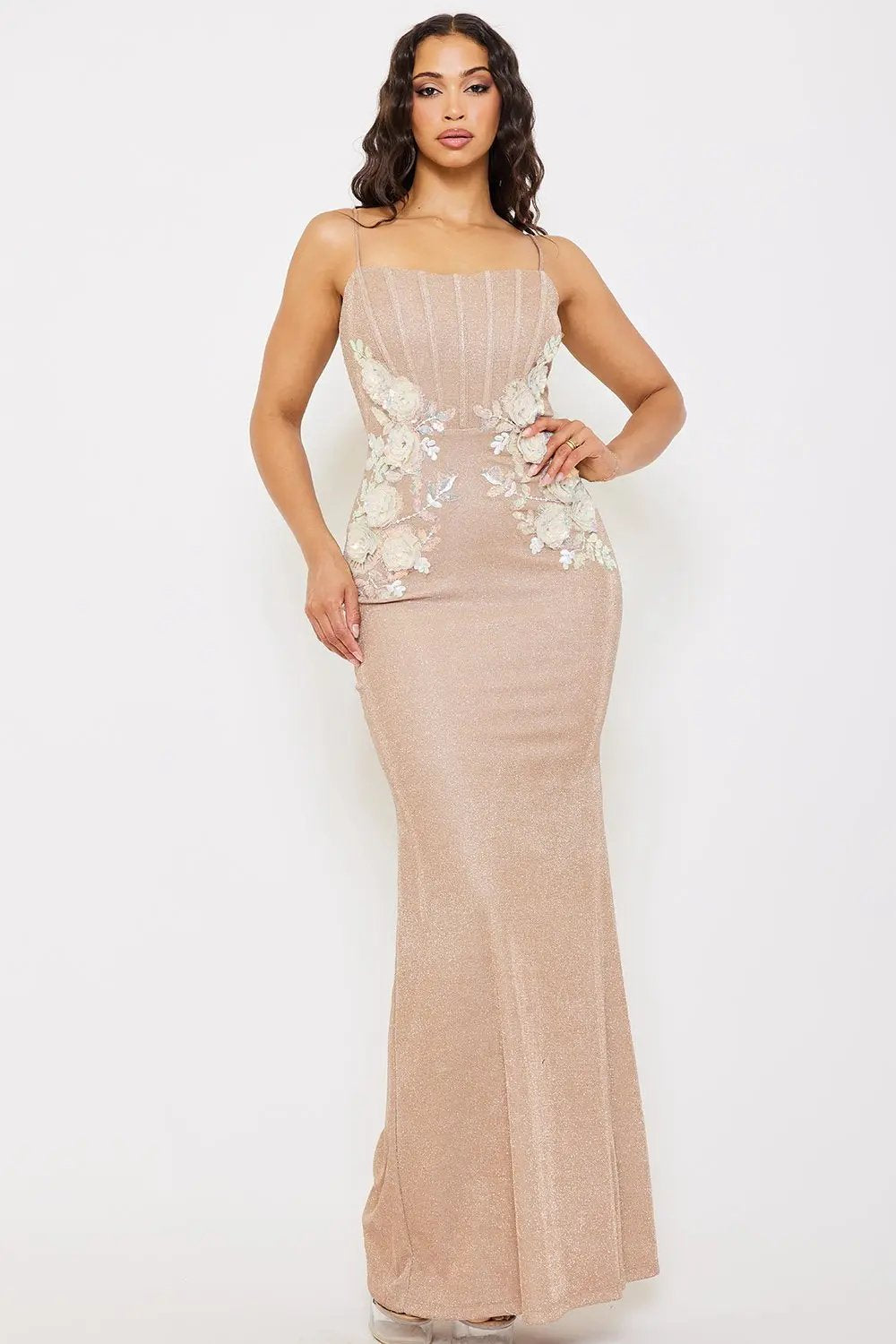 Flower Embellished Maxi Dress - Shiny Lace Back Evening Gown BOUTINIE
