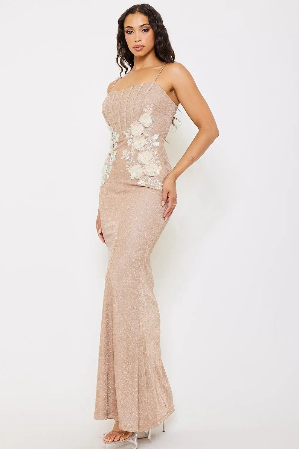 Flower Embellished Maxi Dress - Shiny Lace Back Evening Gown BOUTINIE