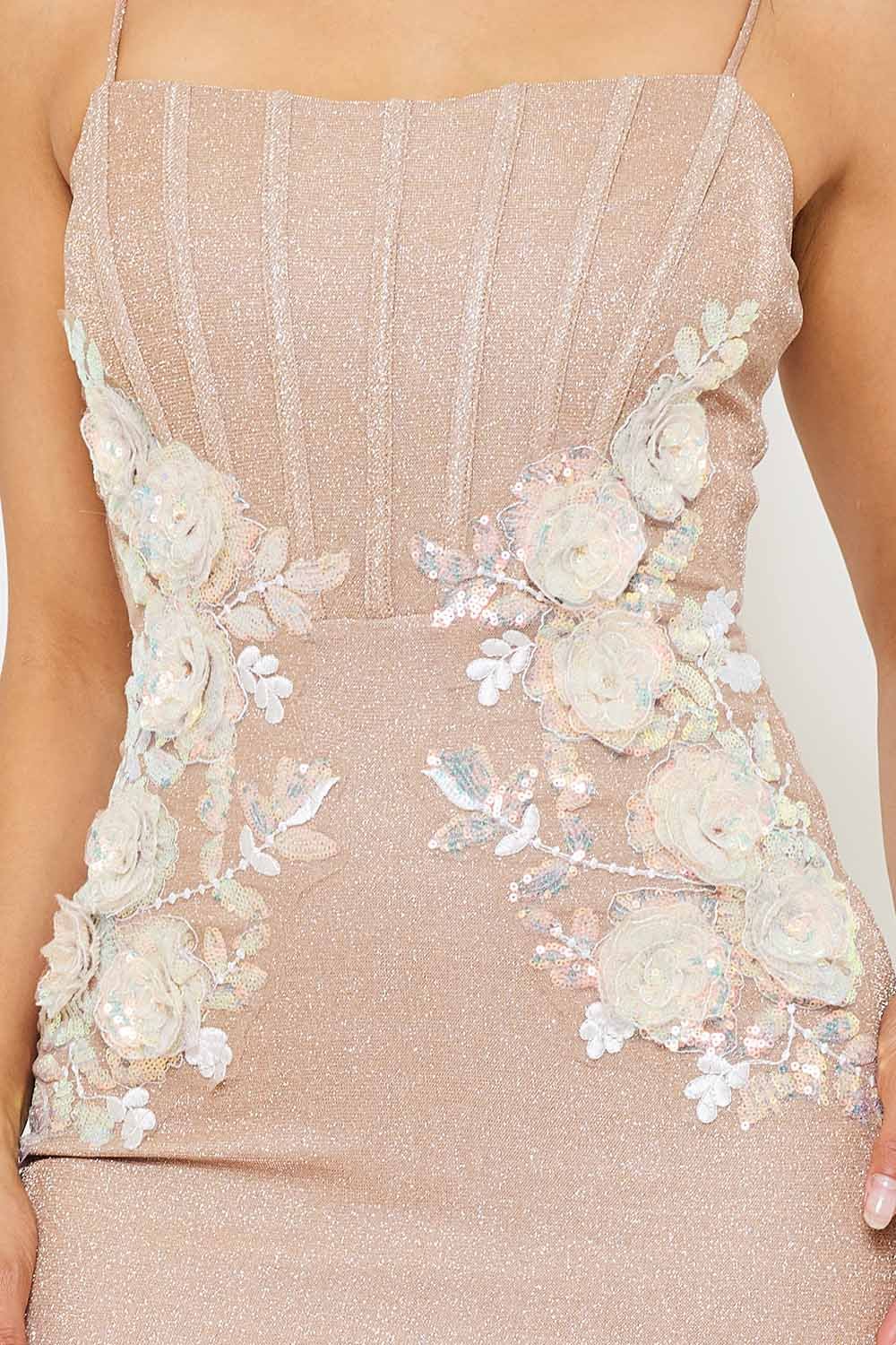 Flower Embellished Maxi Dress - Shiny Lace Back Evening Gown BOUTINIE