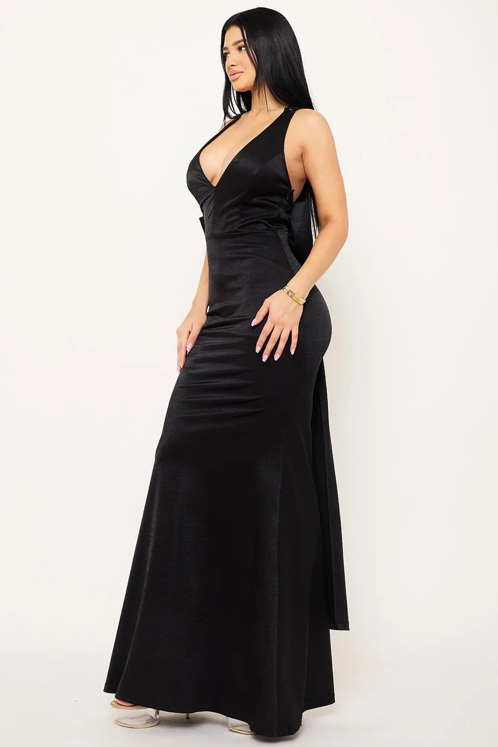 Metallic Maxi Dress With Big Bow Back & Plunging V Neckline BOUTINIE
