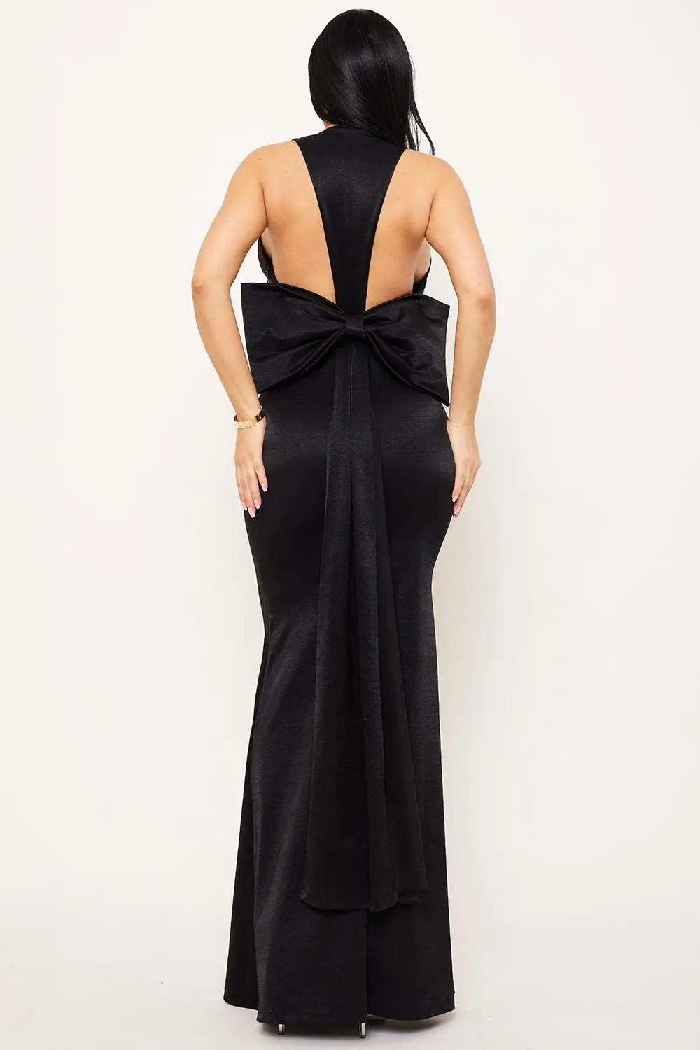 Metallic Maxi Dress With Big Bow Back & Plunging V Neckline BOUTINIE