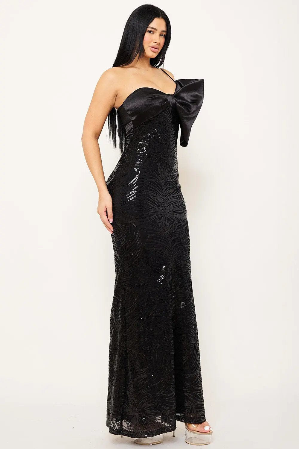 Satin Maxi Dress – Patterned Sequin Bow Evening Gown With Spaghetti Strap BOUTINIE