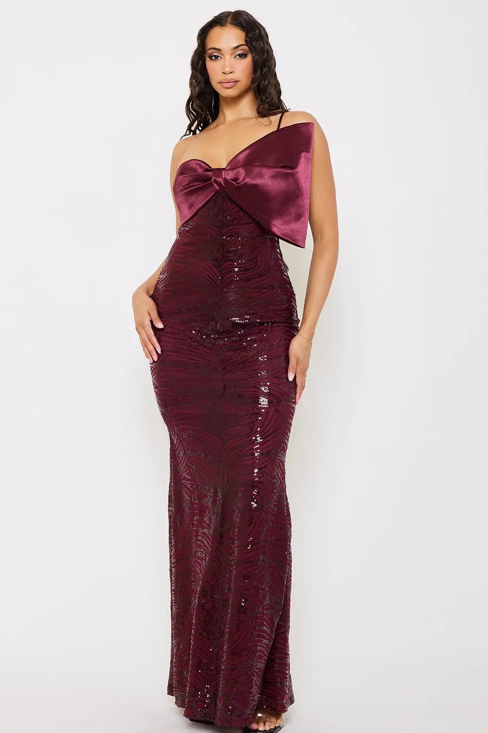 Satin Maxi Dress – Patterned Sequin Bow Evening Gown With Spaghetti Strap BOUTINIE