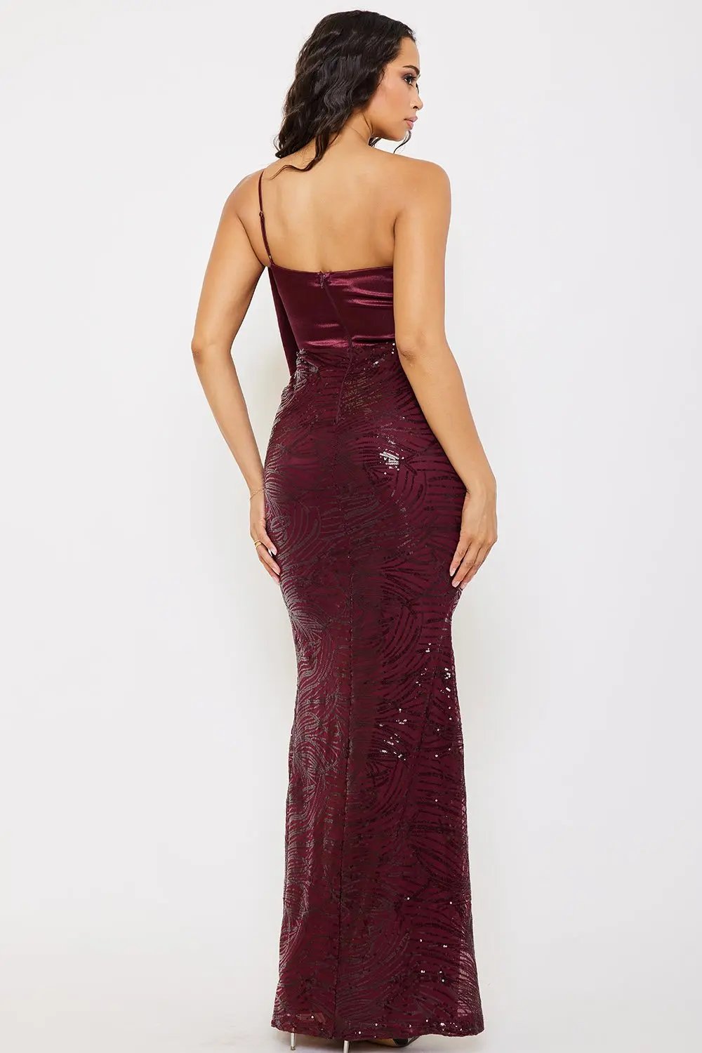 Satin Maxi Dress – Patterned Sequin Bow Evening Gown With Spaghetti Strap BOUTINIE