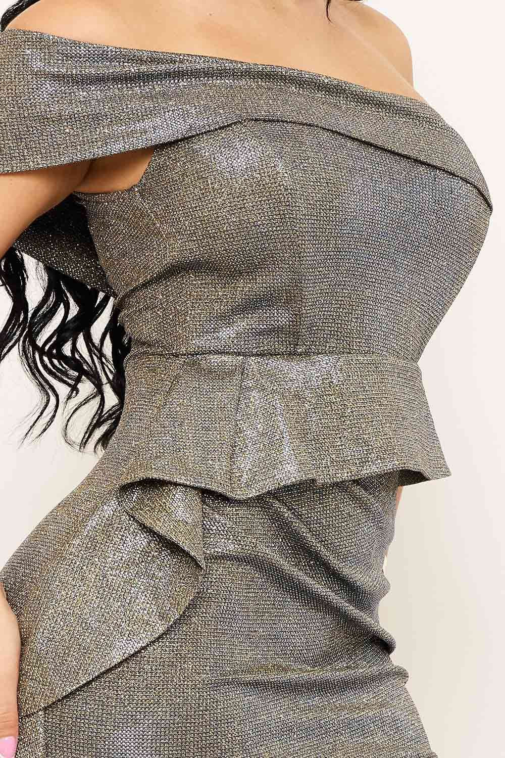 One Shoulder Maxi Dress – Glitter Bonding Fabric With Ruffle Waist BOUTINIE