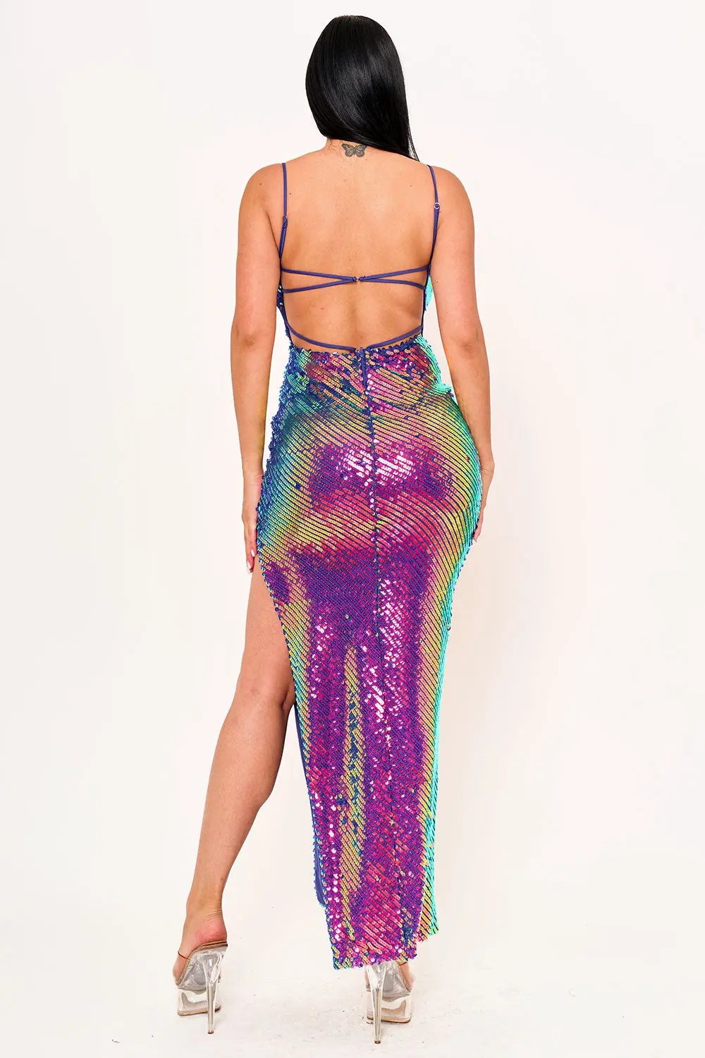 Fluorescent Sequin Dress - Maxi Spaghetti Strap With Slit BOUTINIE