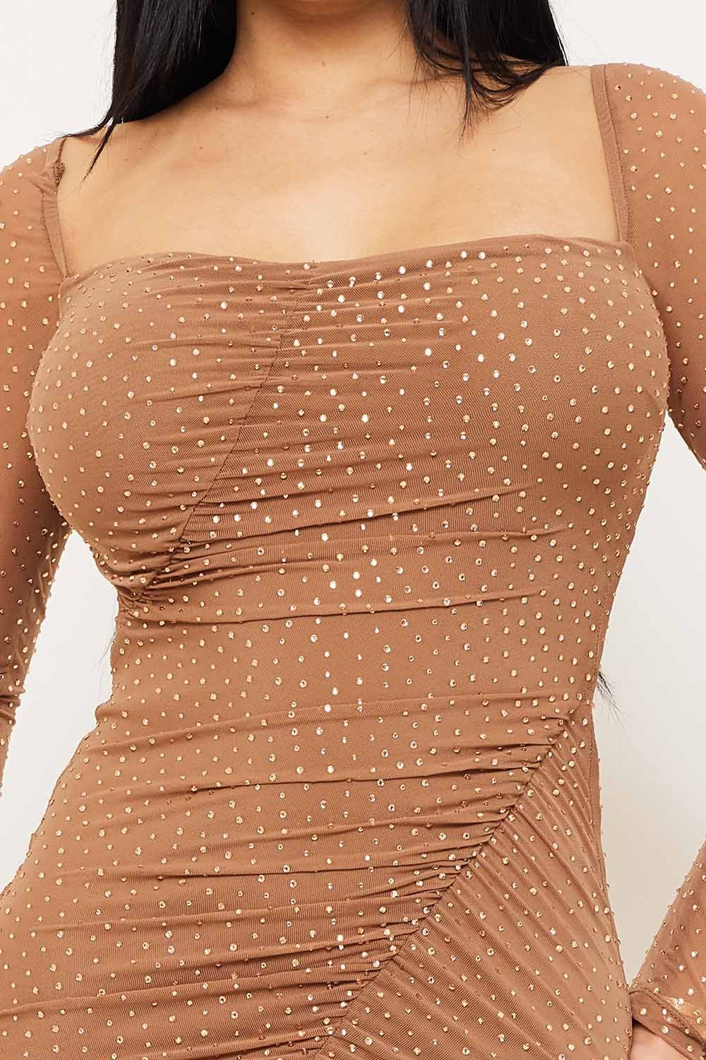 Ruched Maxi Dress | Sheer Sleeve Square Neck Evening Gown BOUTINIE