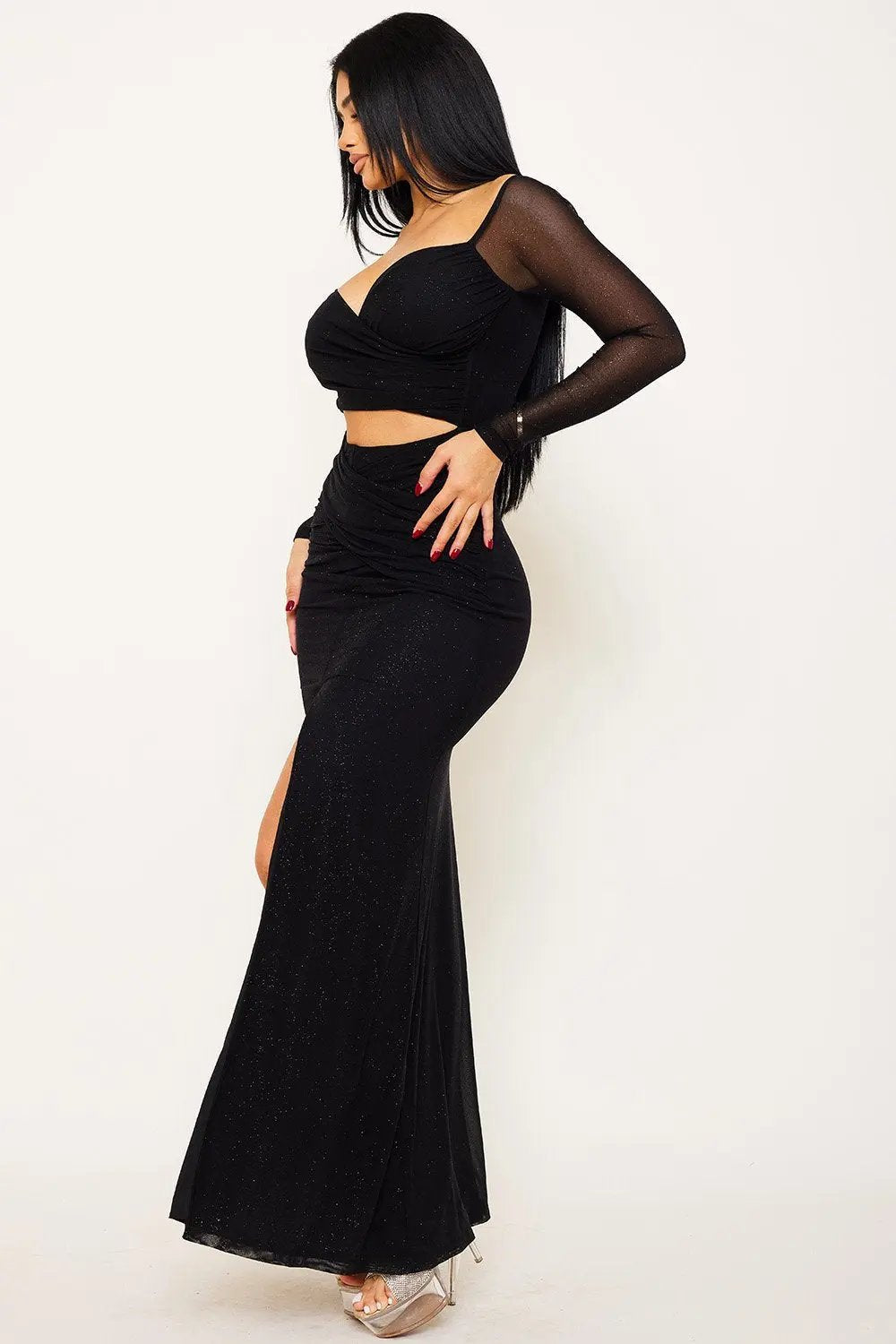Glitter Maxi Dress – Powermesh Evening Gown With Sheer Sleeves & Front Slit BOUTINIE