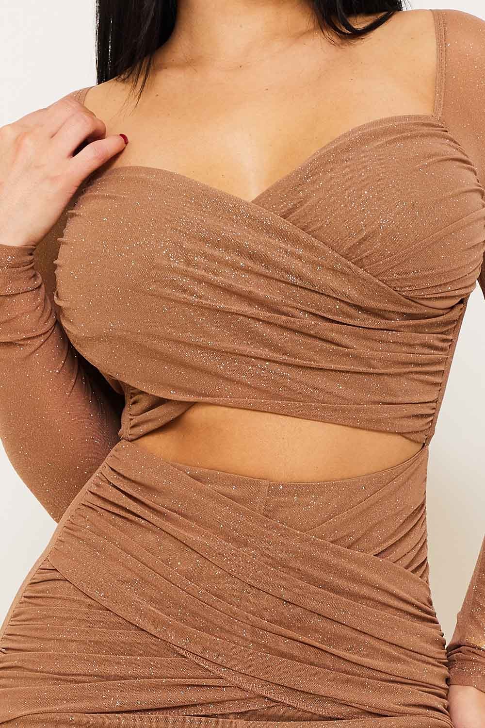 Glitter Maxi Dress – Powermesh Evening Gown With Sheer Sleeves & Front Slit BOUTINIE