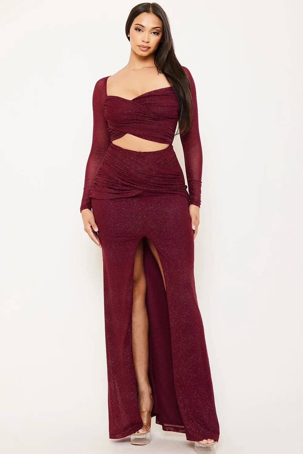 Glitter Maxi Dress – Powermesh Evening Gown With Sheer Sleeves & Front Slit BOUTINIE