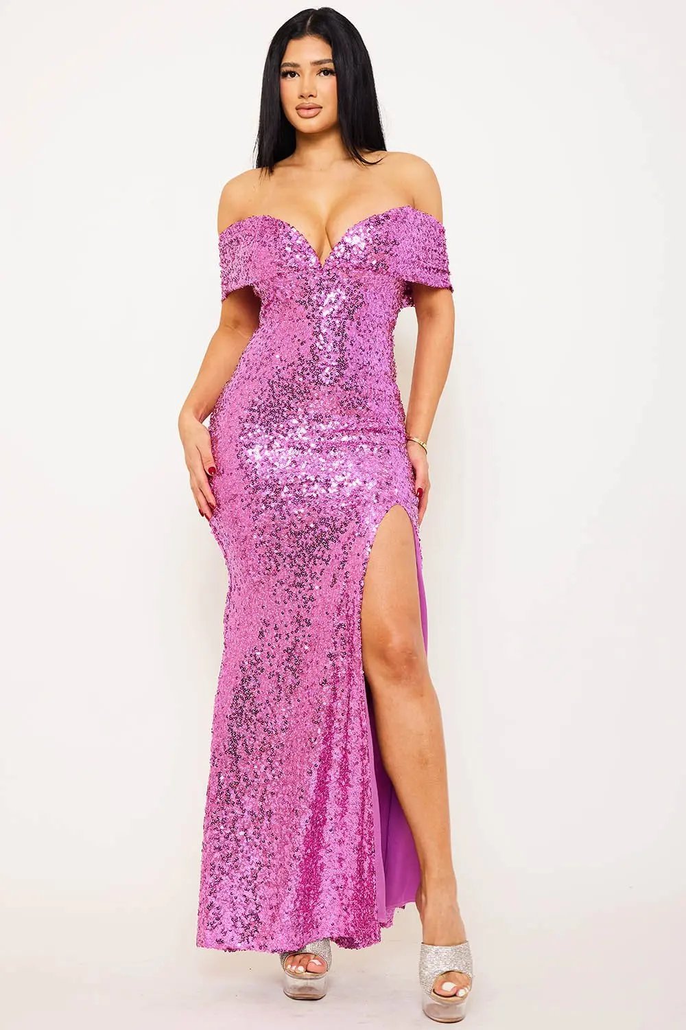 Sequin Maxi Dress – Off Shoulder Pleated Sleeve Gown With Slit BOUTINIE