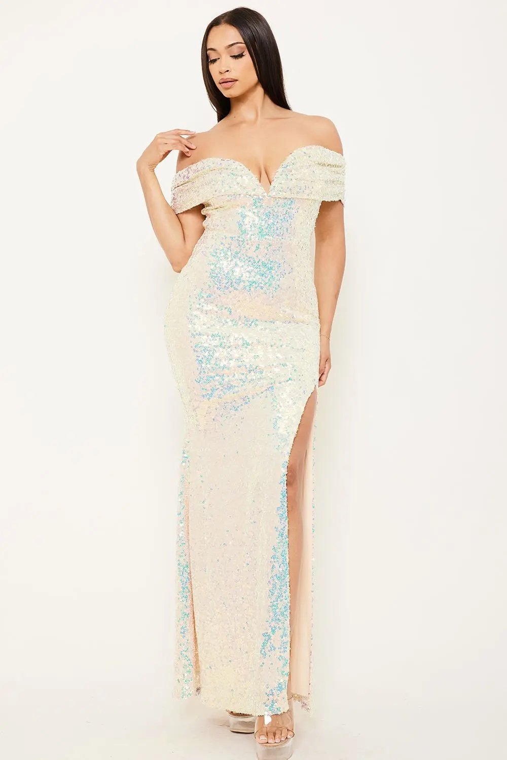 Sequin Maxi Dress – Off Shoulder Pleated Sleeve Gown With Slit BOUTINIE