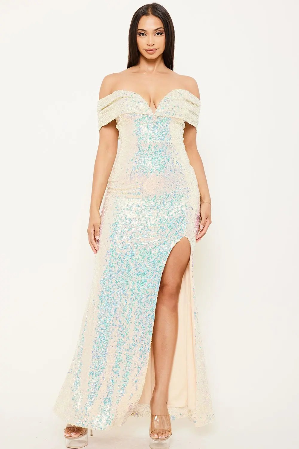 Sequin Maxi Dress – Off Shoulder Pleated Sleeve Gown With Slit BOUTINIE