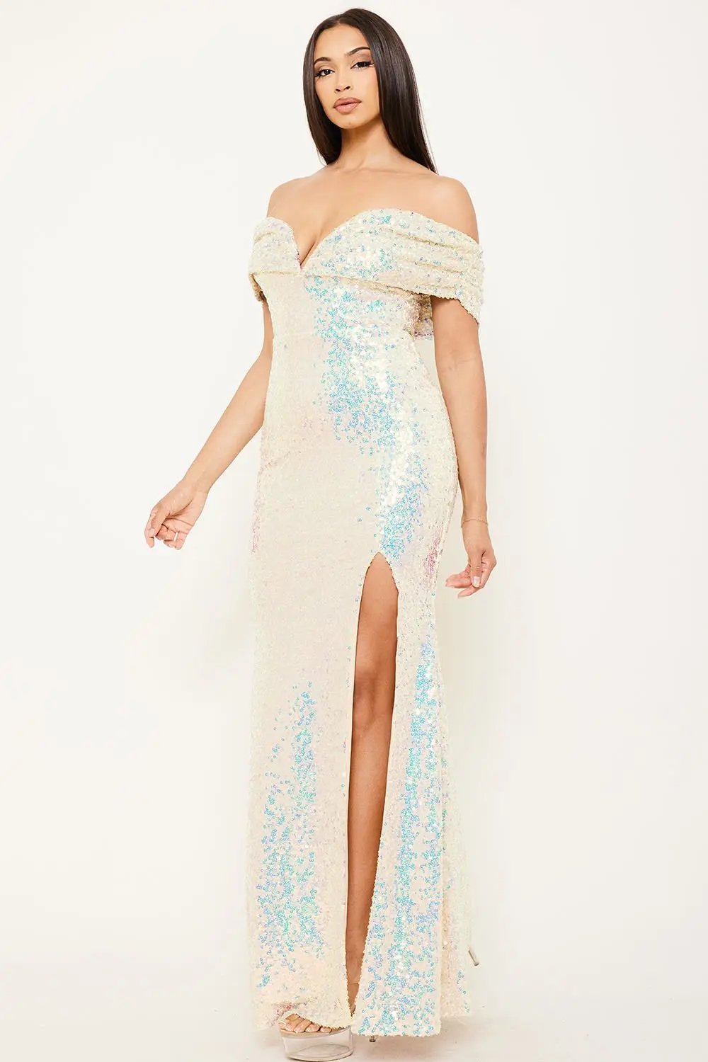 Sequin Maxi Dress – Off Shoulder Pleated Sleeve Gown With Slit BOUTINIE