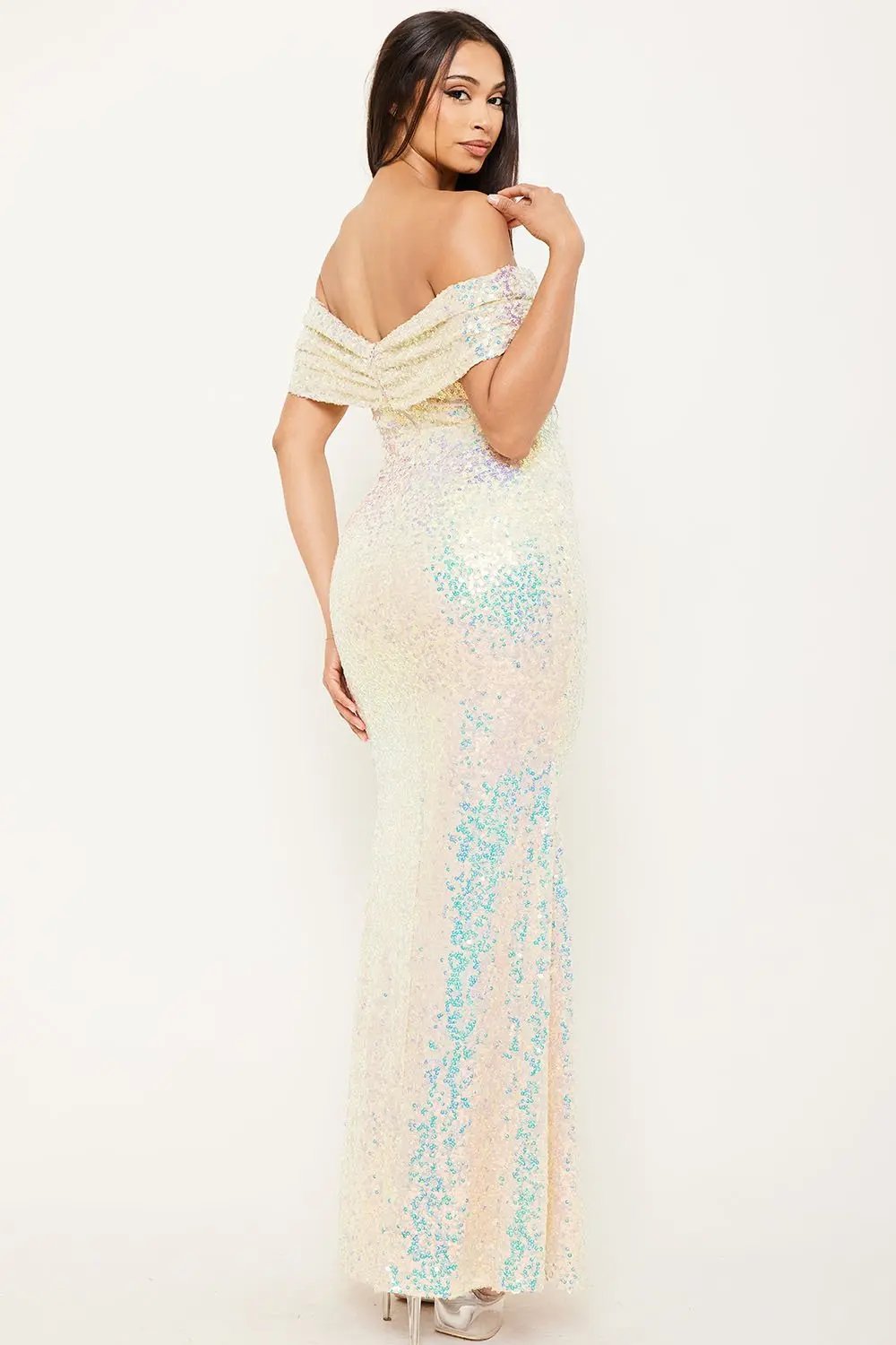 Sequin Maxi Dress – Off Shoulder Pleated Sleeve Gown With Slit BOUTINIE