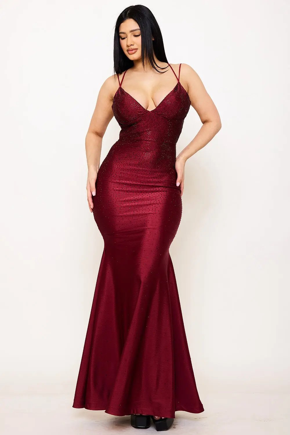 Mermaid Maxi Dress - Rhinestone Rib Fabric Gown With Criss Cross Straps BOUTINIE