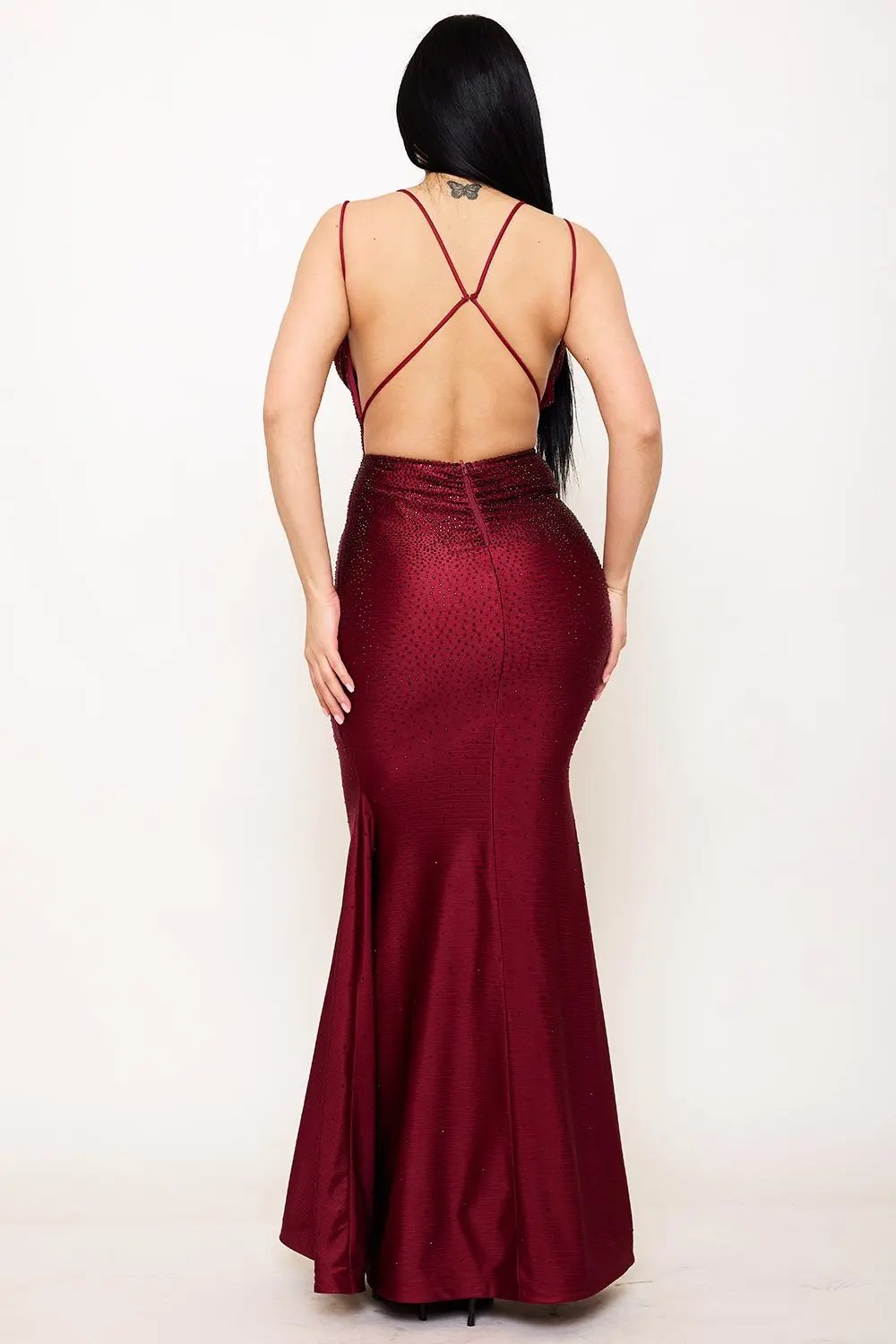 Mermaid Maxi Dress - Rhinestone Rib Fabric Gown With Criss Cross Straps BOUTINIE