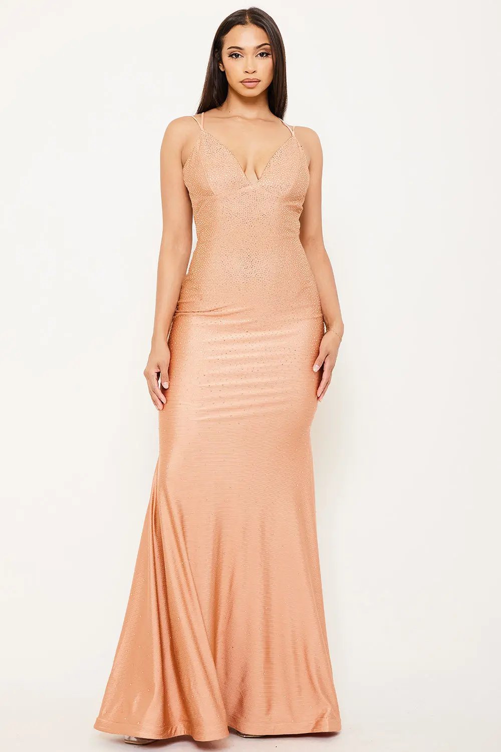 Mermaid Maxi Dress - Rhinestone Rib Fabric Gown With Criss Cross Straps BOUTINIE