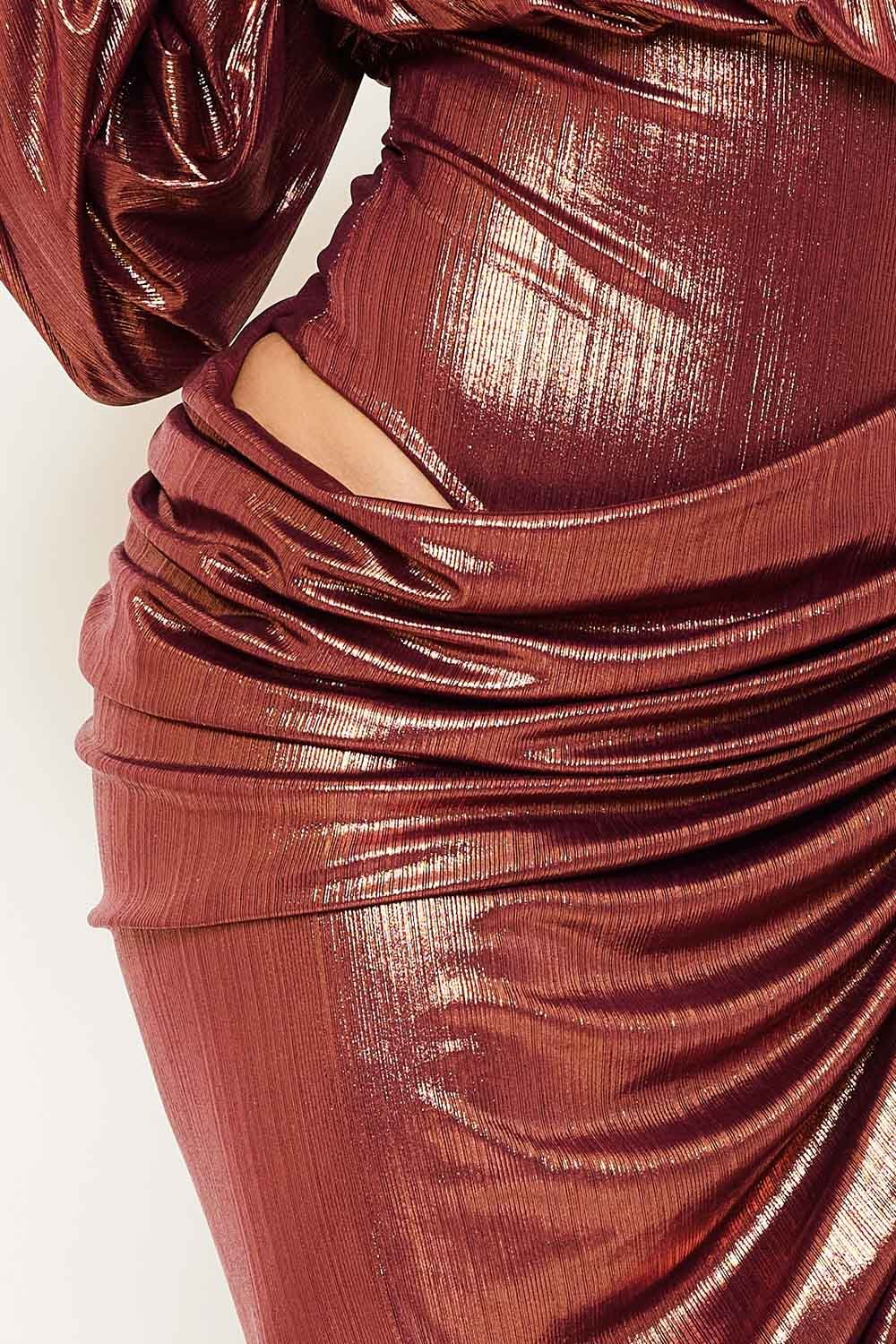 Pleated Foil Maxi Dress – Balloon Sleeve Bodysuit With Asymmetric Hem BOUTINIE