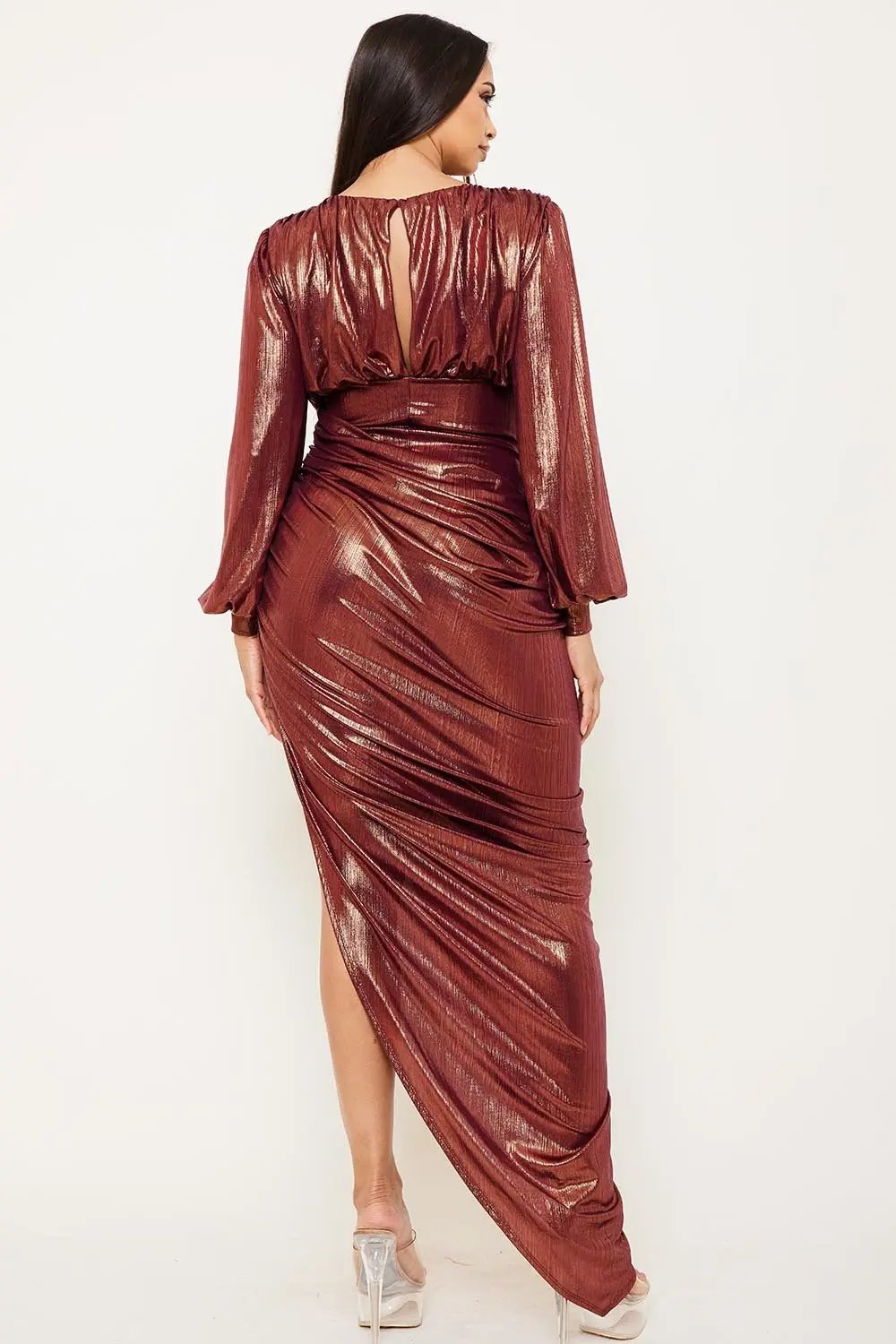 Pleated Foil Maxi Dress – Balloon Sleeve Bodysuit With Asymmetric Hem BOUTINIE