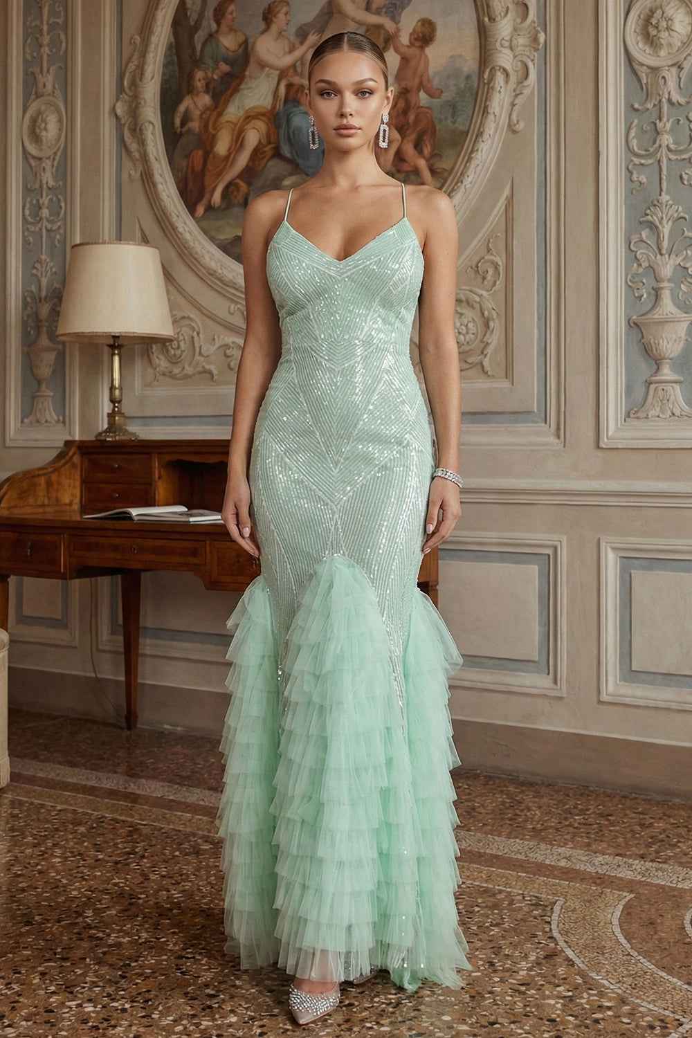 Pattered Sequin Layered Ruffle Mesh Maxi Dress