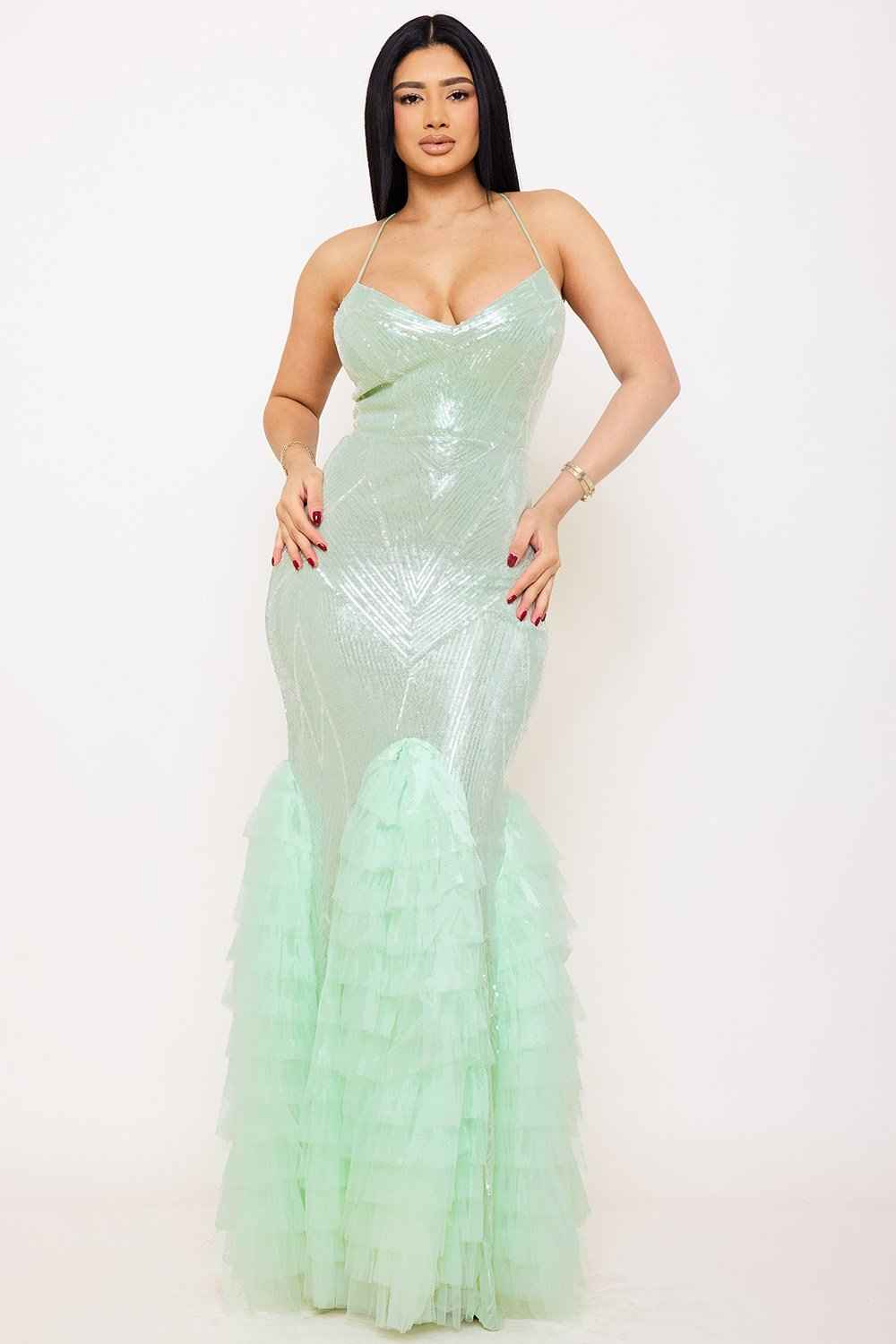 Pattered Sequin Layered Ruffle Mesh Maxi Dress