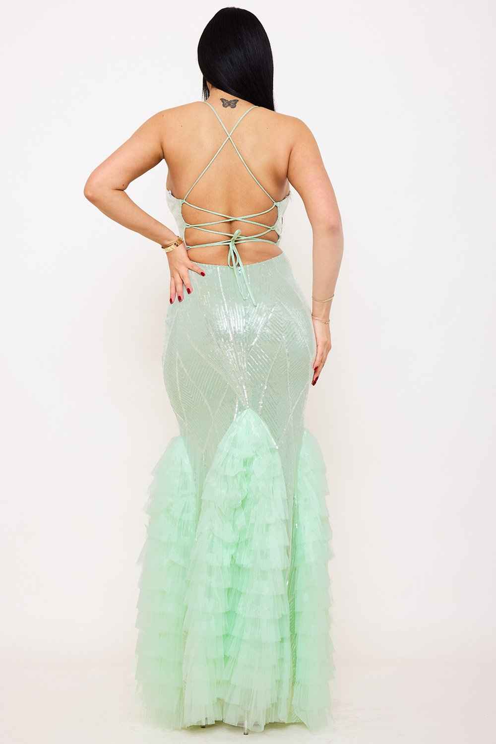 Pattered Sequin Layered Ruffle Mesh Maxi Dress