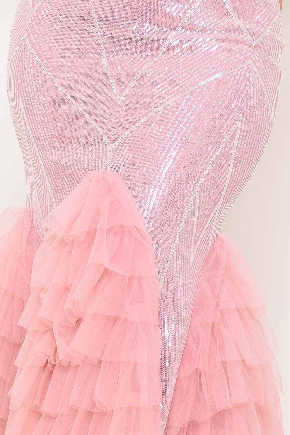 Pattered Sequin Layered Ruffle Mesh Maxi Dress