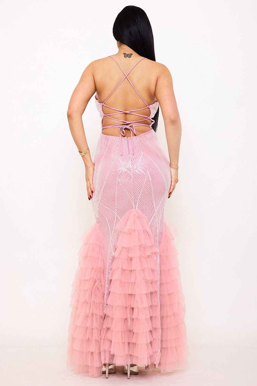 Pattered Sequin Layered Ruffle Mesh Maxi Dress
