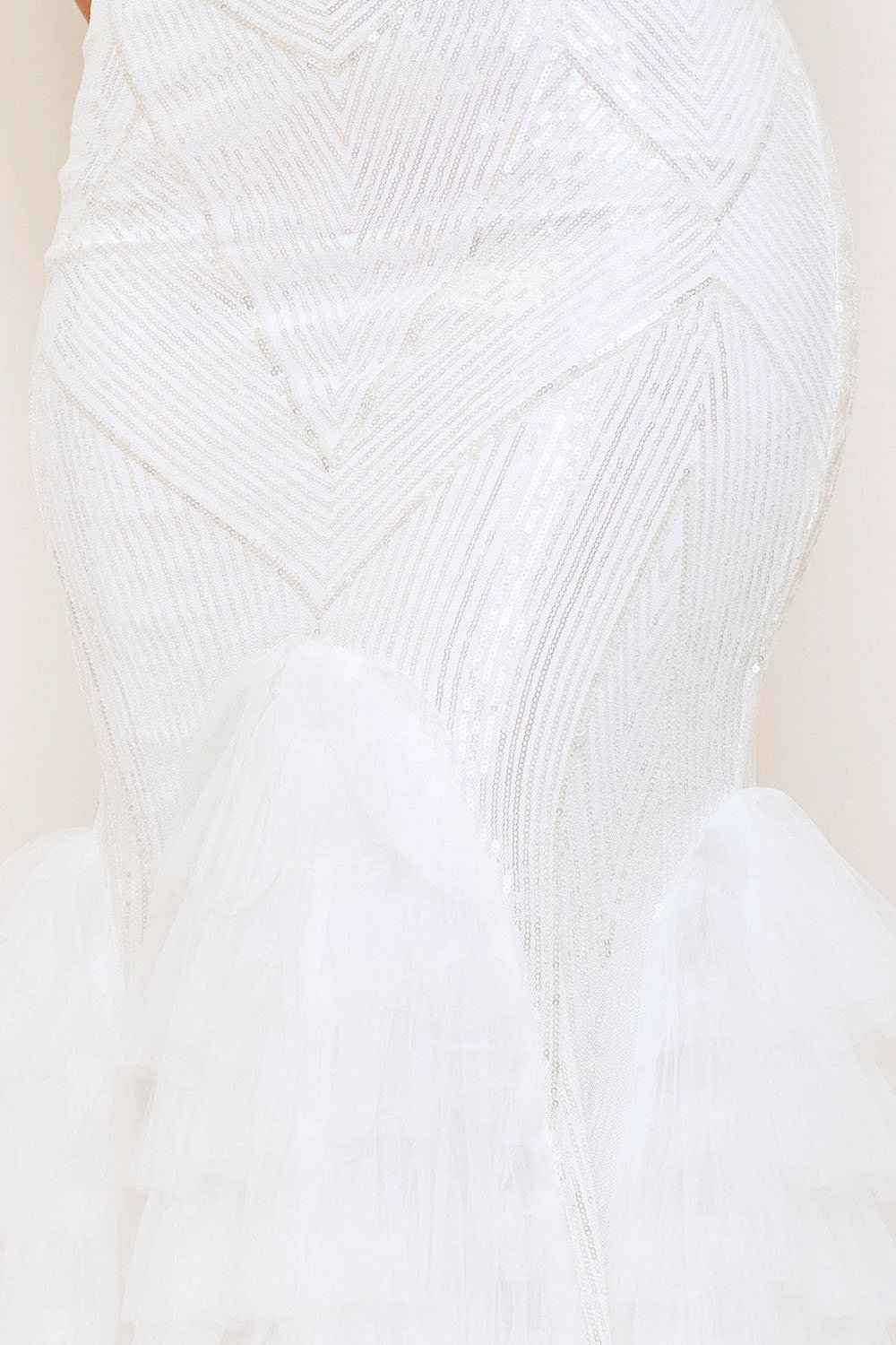 Pattered Sequin Layered Ruffle Mesh Maxi Dress