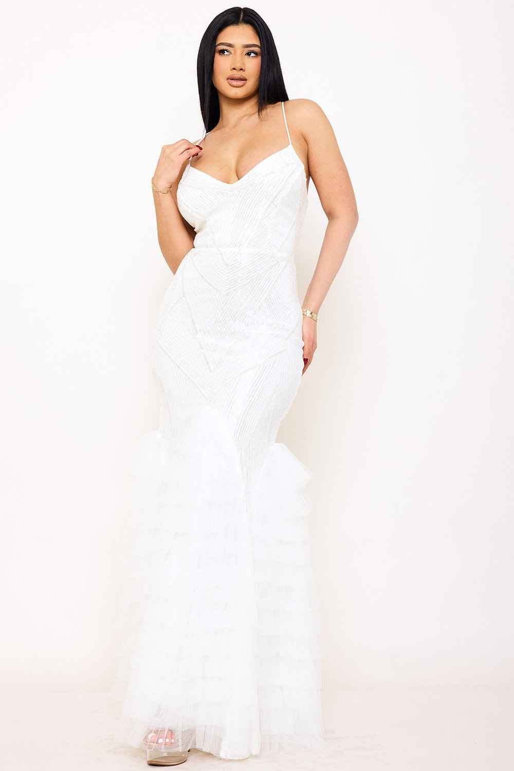 Pattered Sequin Layered Ruffle Mesh Maxi Dress