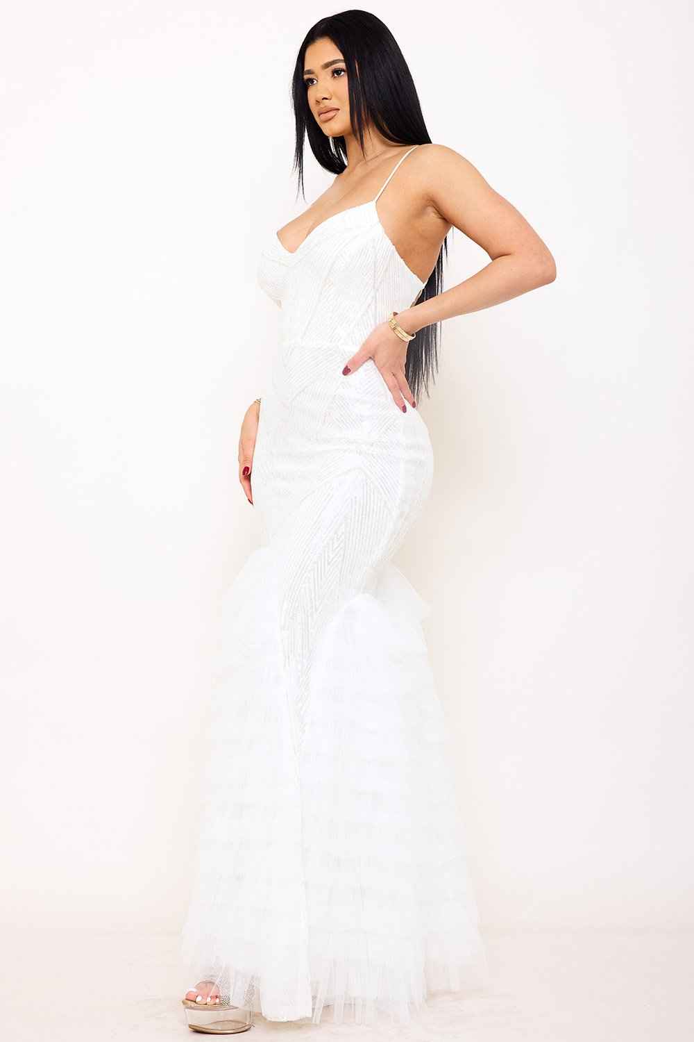 Pattered Sequin Layered Ruffle Mesh Maxi Dress