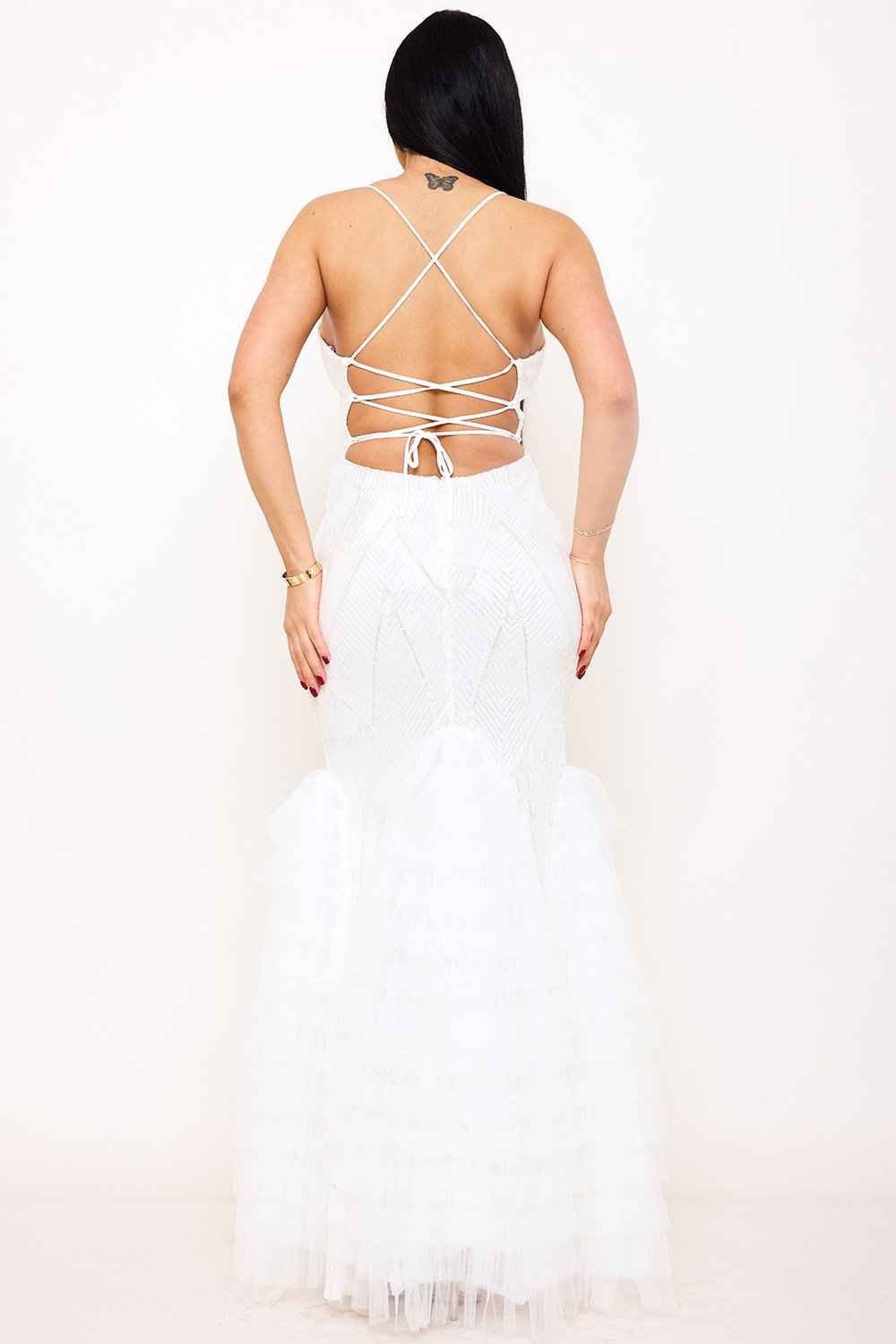 Pattered Sequin Layered Ruffle Mesh Maxi Dress