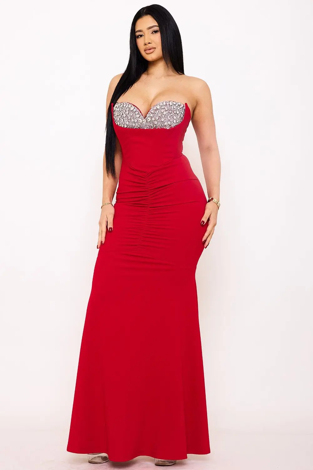 Mermaid Maxi Dress With Rhinestone Bust & Shirred Skirt BOUTINIE