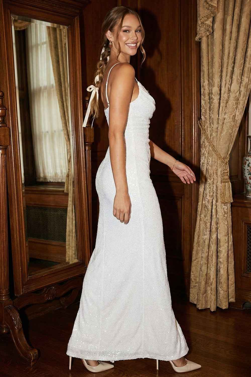 Flower Lace Embellish With Sequins Maxi Dress