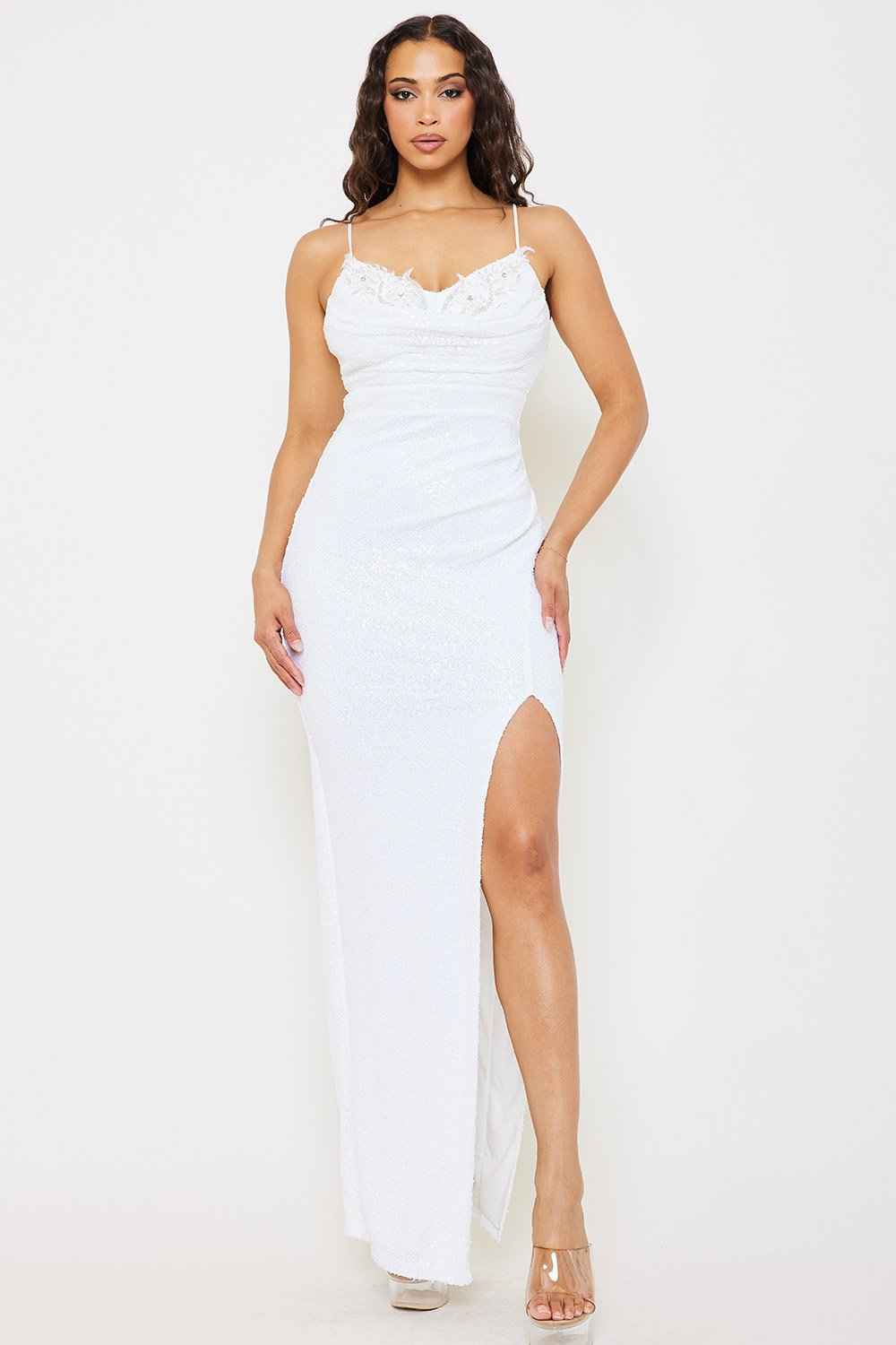 Flower Lace Embellish With Sequins Maxi Dress