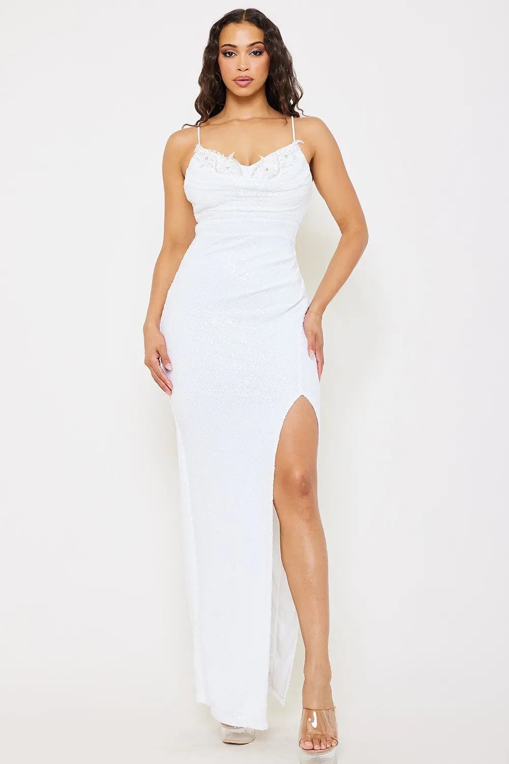 Flower Lace Maxi Dress – Elegant Sequin Evening Gown With Adjustable Straps BOUTINIE