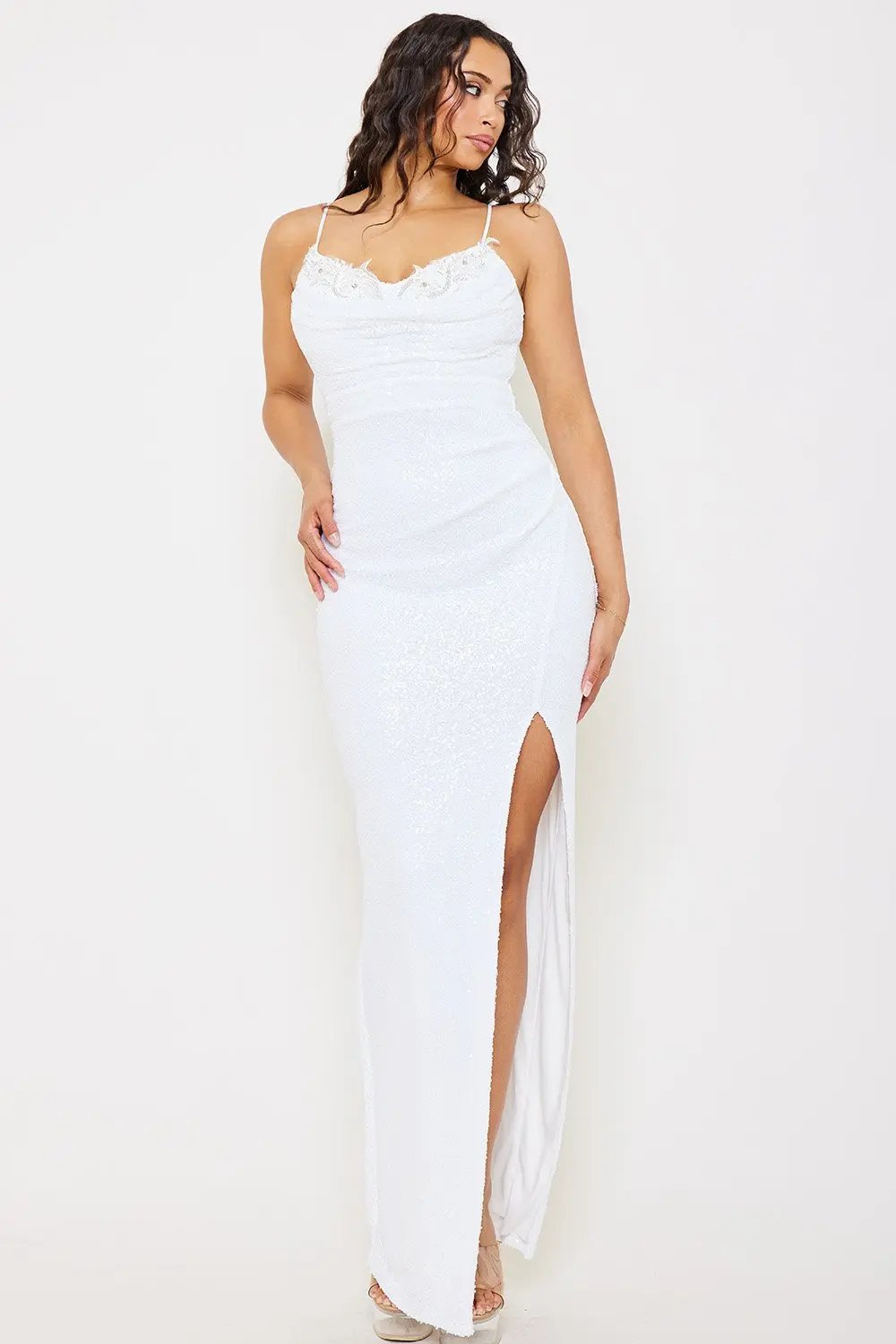 Flower Lace Maxi Dress – Elegant Sequin Evening Gown With Adjustable Straps BOUTINIE